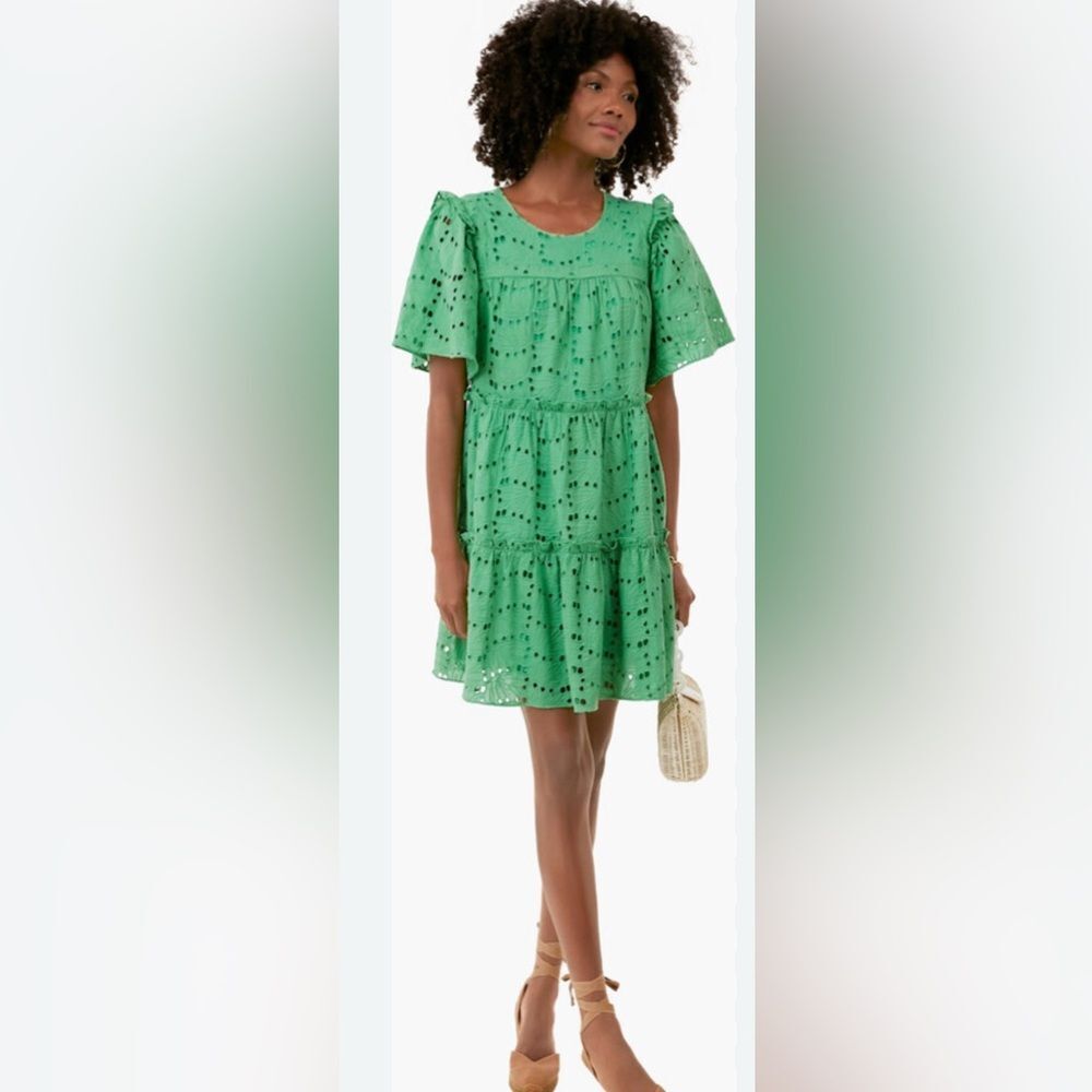 Green Eyelet Tiered Short Dress